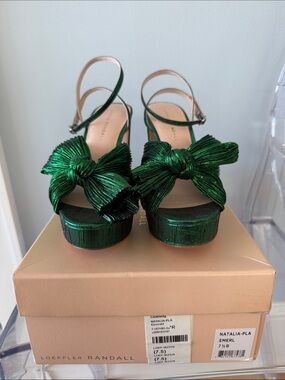 Loeffler Randall - Natalia Metallic Emerald Green Bow Platform Heels. Size 37.5